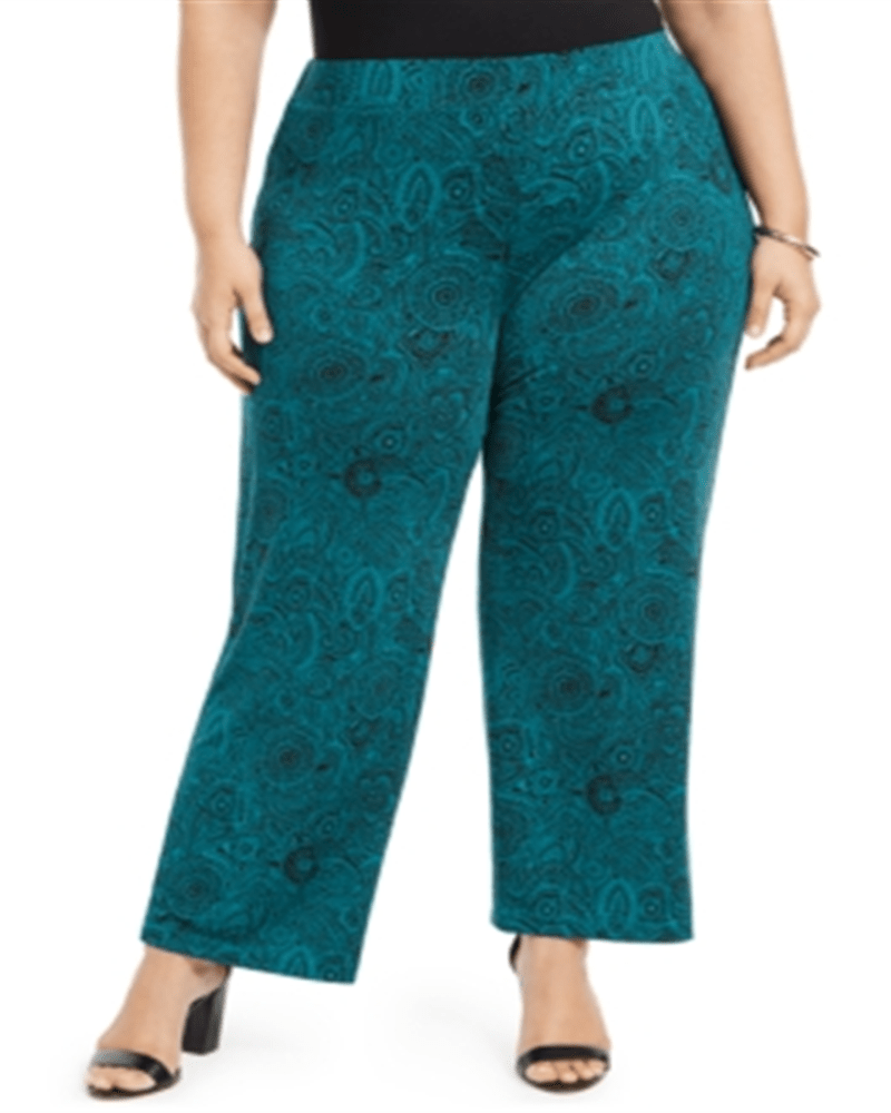Front of a model wearing a size 3X Ny Collection Women's Printed Pull-on Pants Green 3X in Green by NY Collection. | dia_product_style_image_id:306356